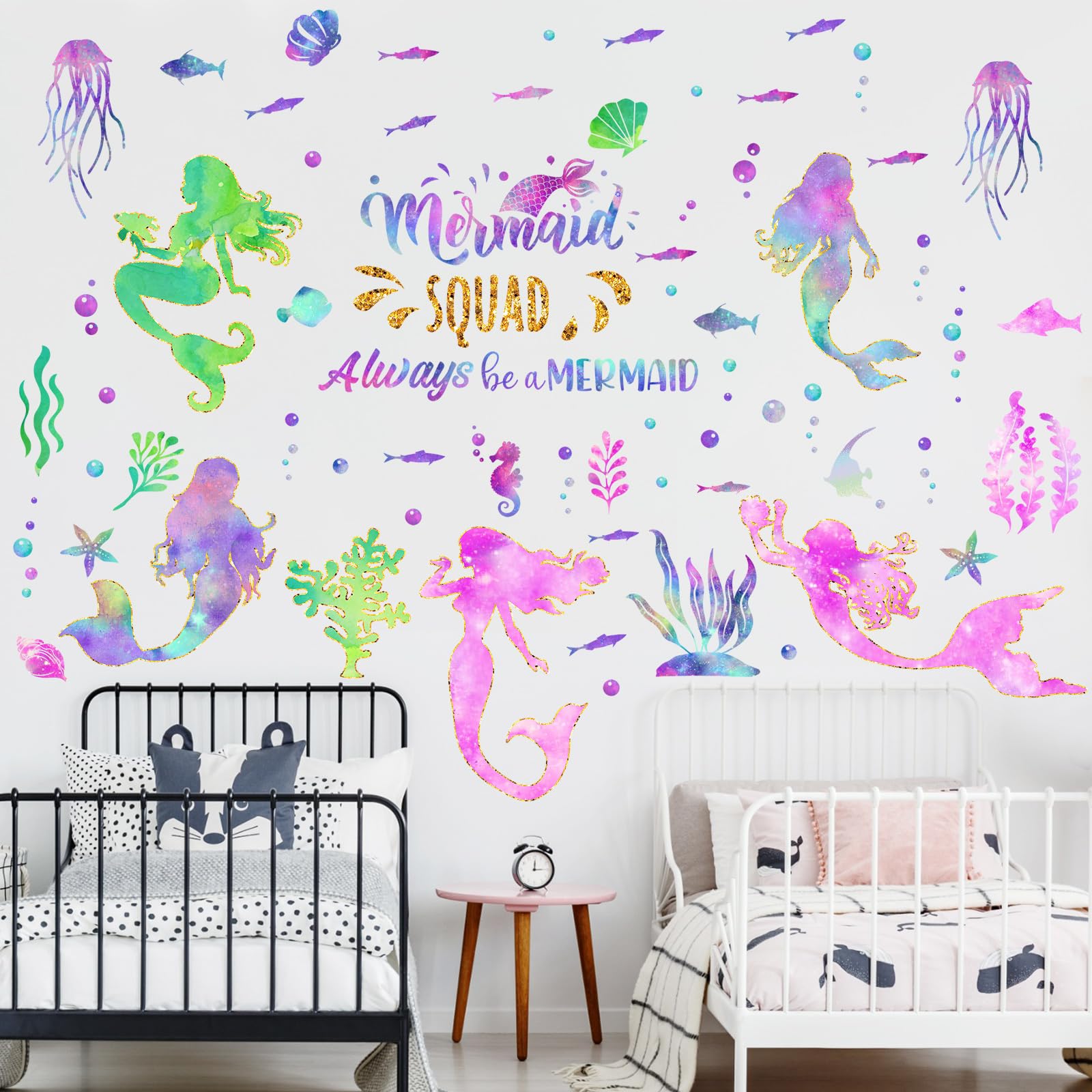 Glenmal Mermaid Wall Decal room setup on living room wall for seaside vibe.