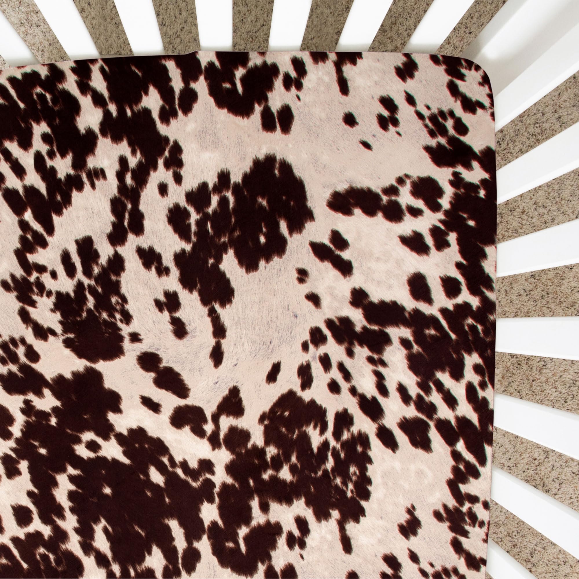 Glenna Jean Brown Cow crib sheet closeup—ultra-soft fabric supports comfy naps.