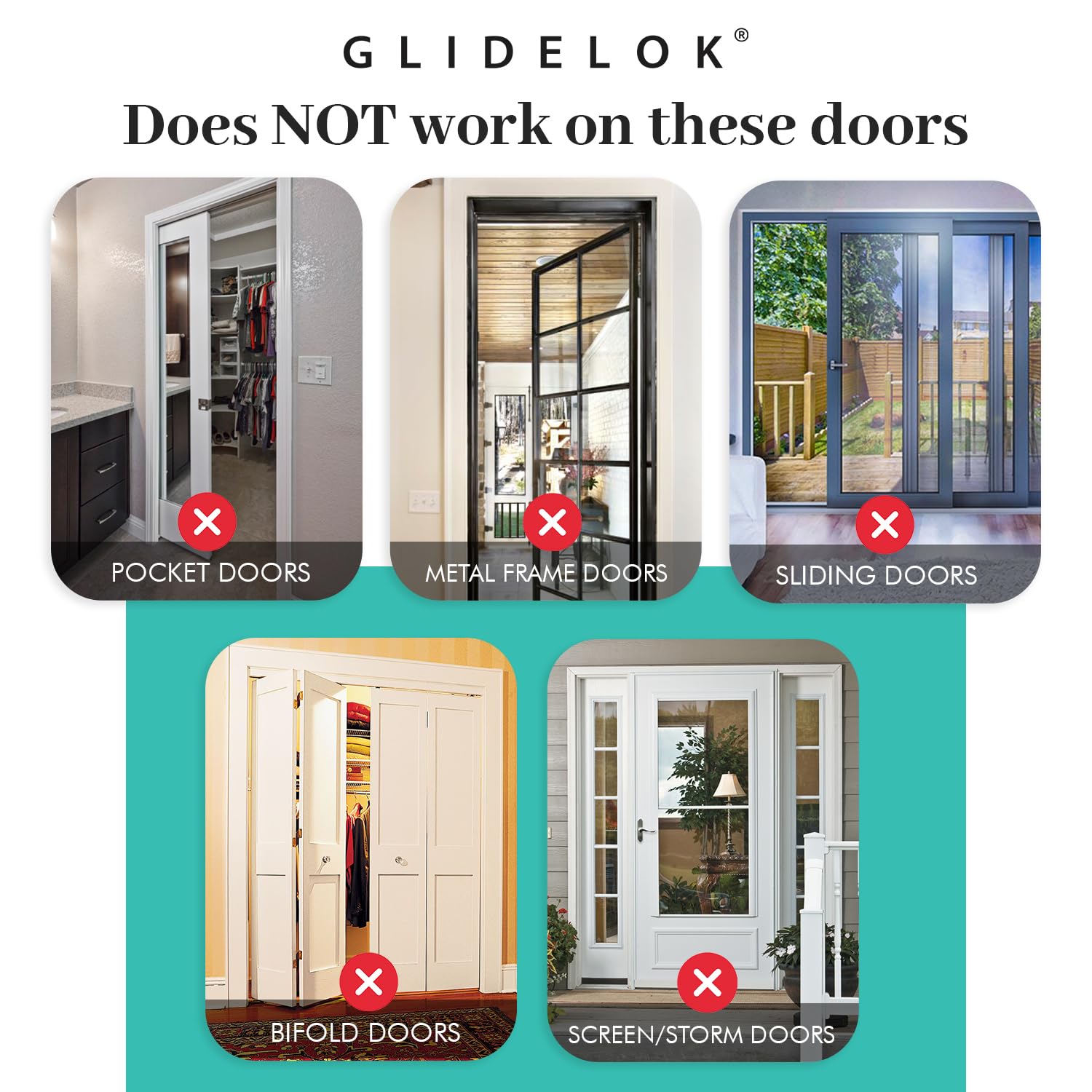 GlideLok door-use scenario shows childproof top lock in action
