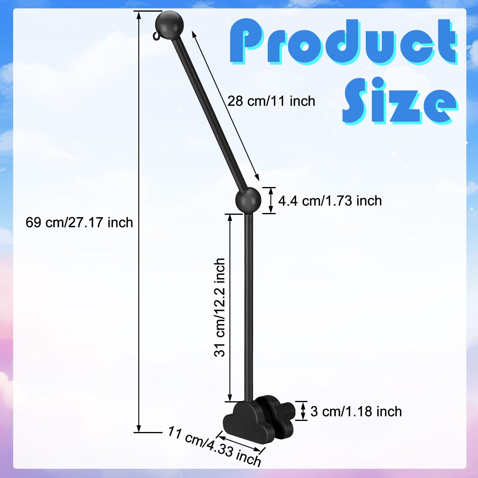 GlikCeil adjustable-height crib arm demonstrates flexible positioning for baby's view
