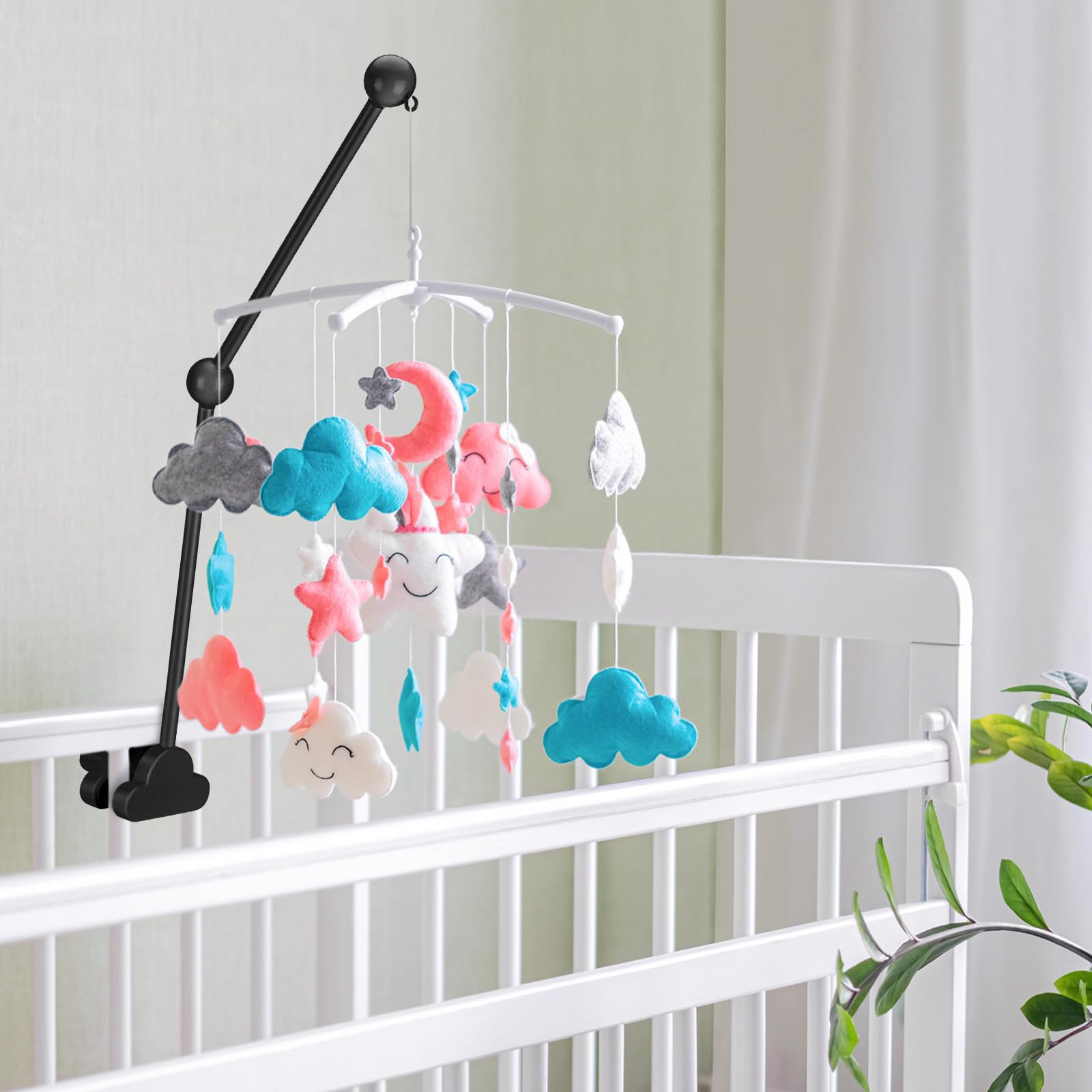 GlikCeil mobile arm with toy-hanging capacity for bells and mobiles