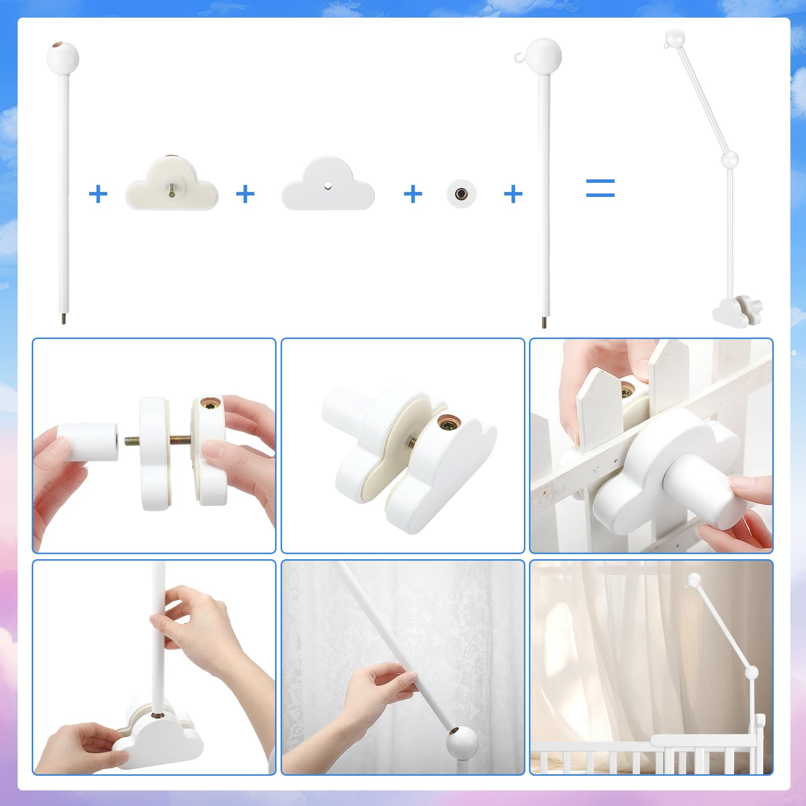 GlikCeil wooden crib mobile arm adjustable height enables safe, personalized mobile positioning