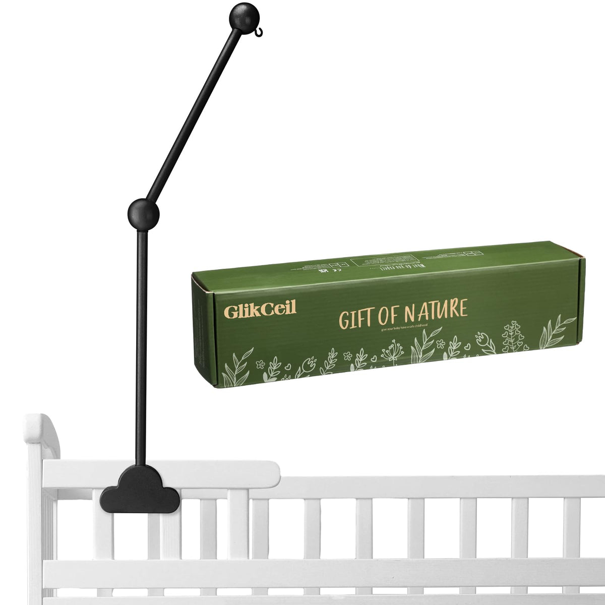 GlikCeil wooden crib mobile arm with cloud design mounted on a crib for visual stimulation