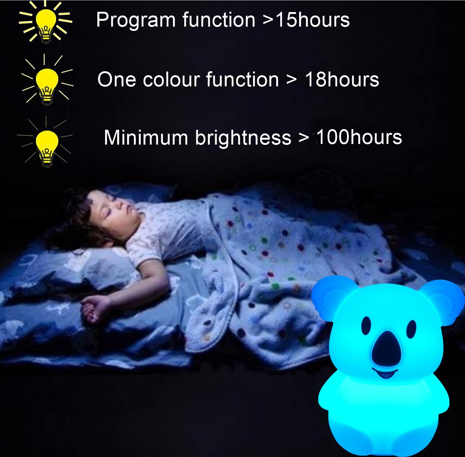 Glinrui koala night light breathing-mode image features gradual color loop for soothing night routines.