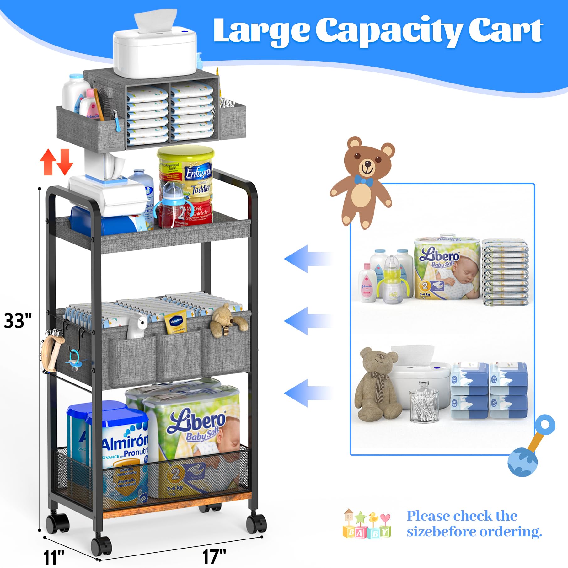 GLISWAM 2in1 diaper cart 3-tier keeps baby essentials neatly organized