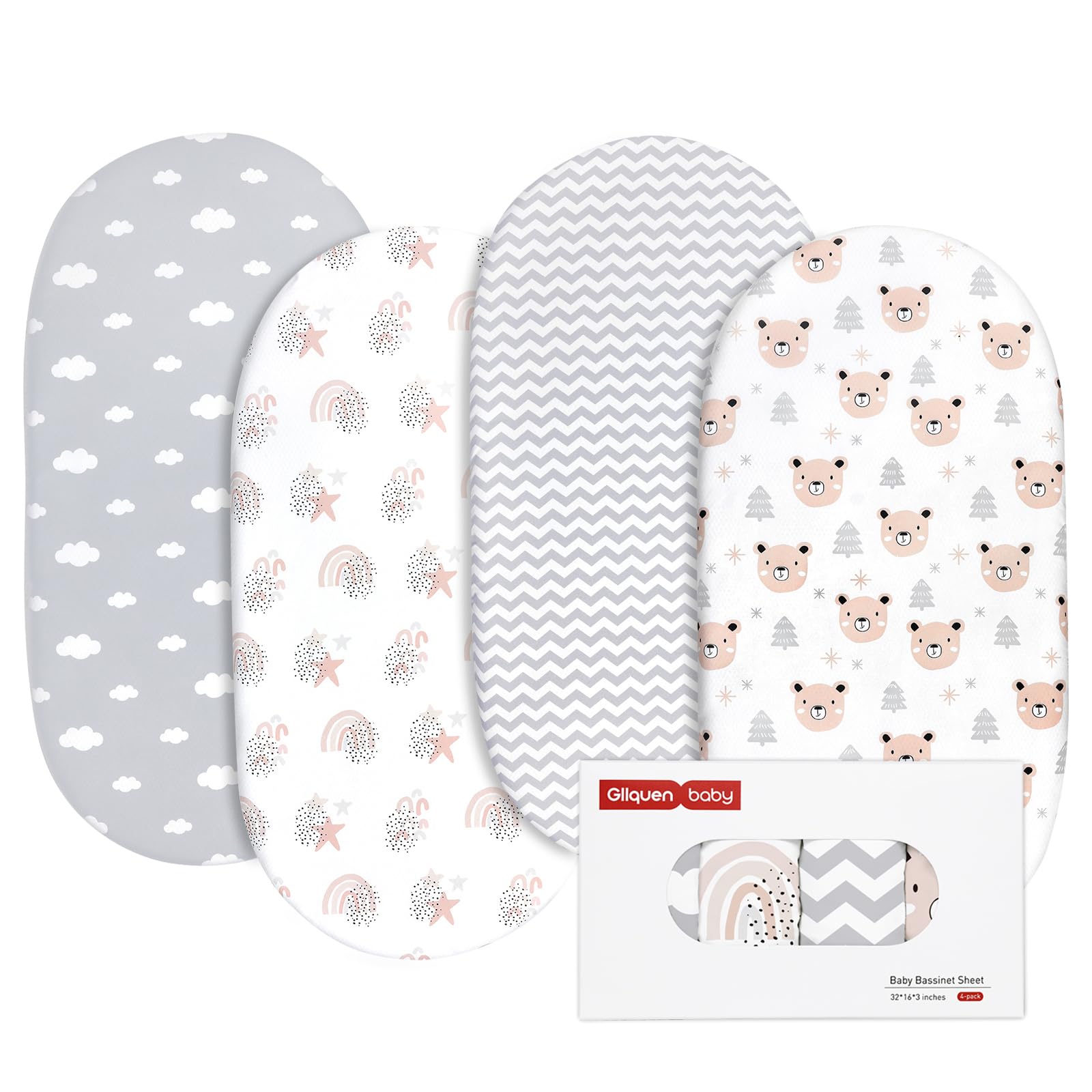 Gllquen Baby bassinet sheets four-pack laid flat showing rainbow pattern for stylish nursery decor.