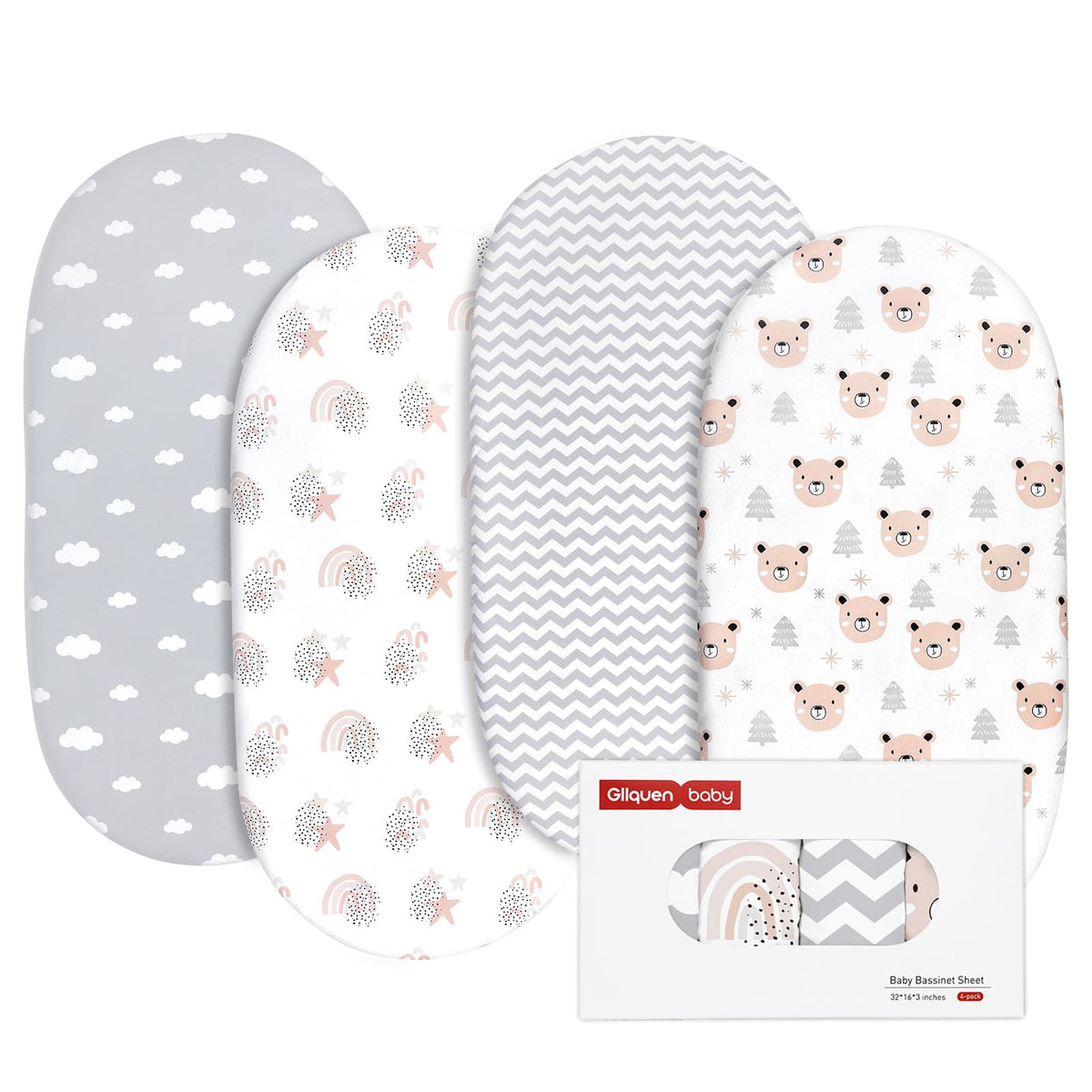 Gllquen Baby bassinet sheets four-pack laid flat showing rainbow pattern for stylish nursery decor.