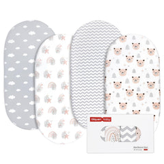Gllquen Baby bassinet sheets four-pack laid flat showing rainbow pattern for stylish nursery decor.