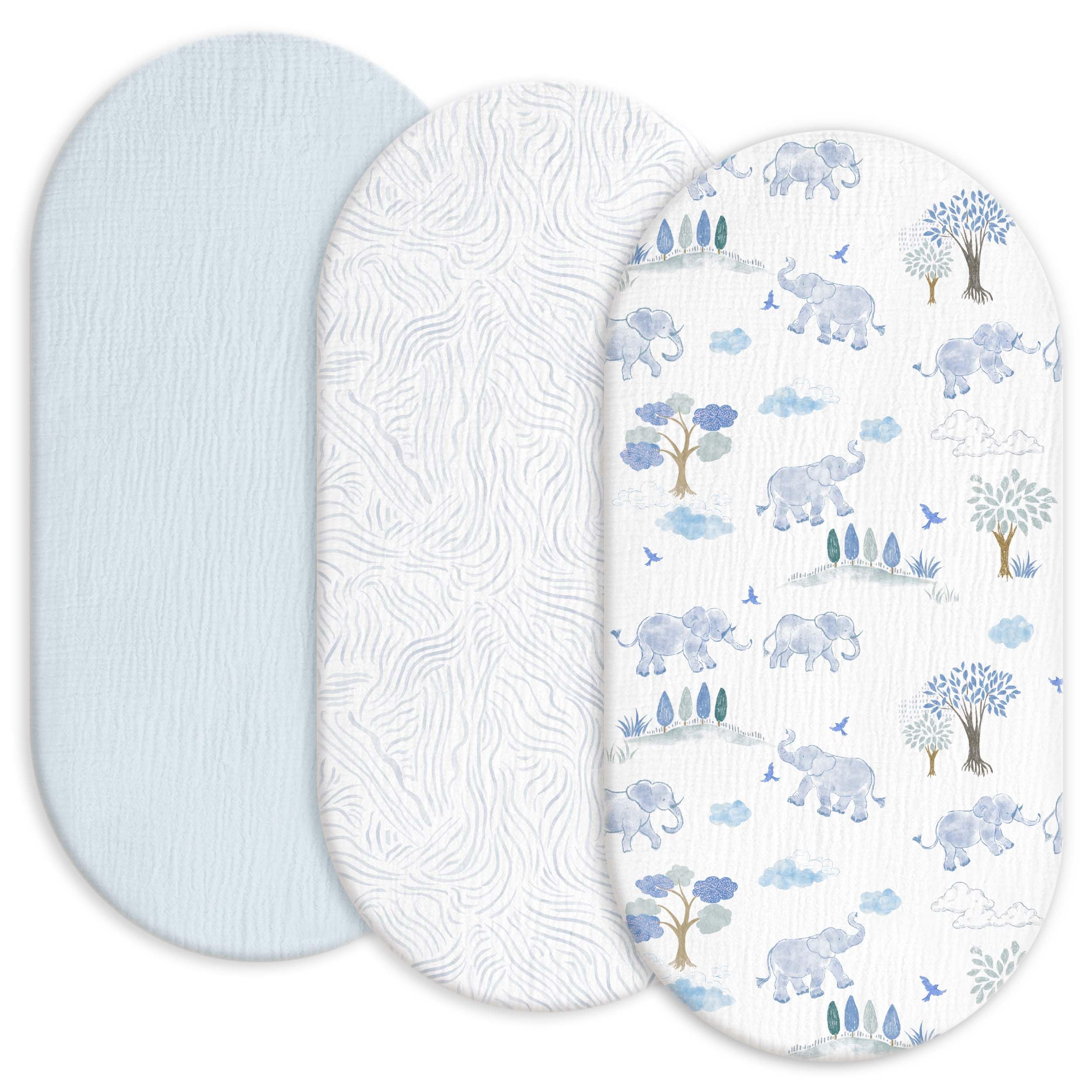 Gllquen Baby muslin bassinet sheets in light blue on bed for breathable comfort.