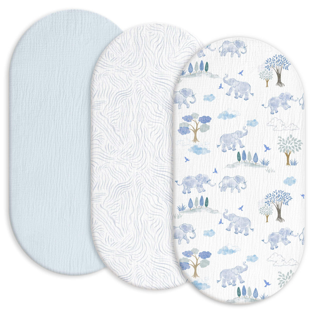 Gllquen Baby muslin bassinet sheets in light blue on bed for breathable comfort.