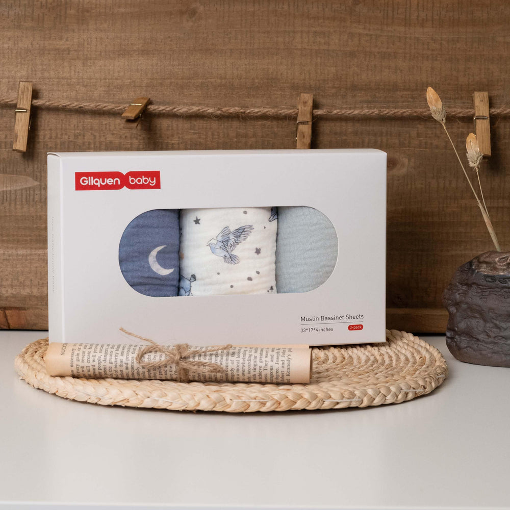 Gllquen Baby breathable bassinet sheets resting neatly, creating a calm nursery vibe.