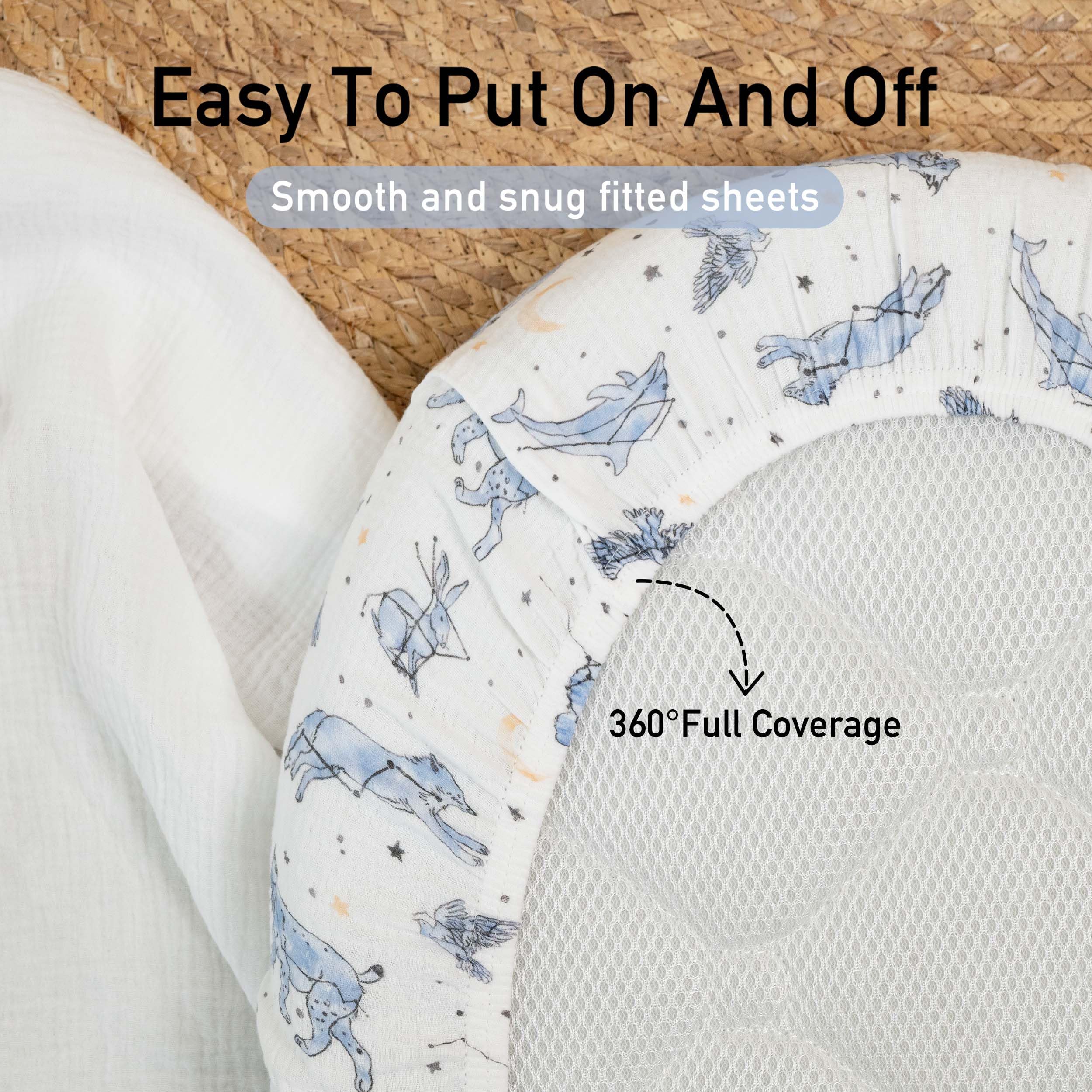 Gllquen Baby sheets displayed on crib-like surface highlighting safe OEKO-TEX 100 standard.