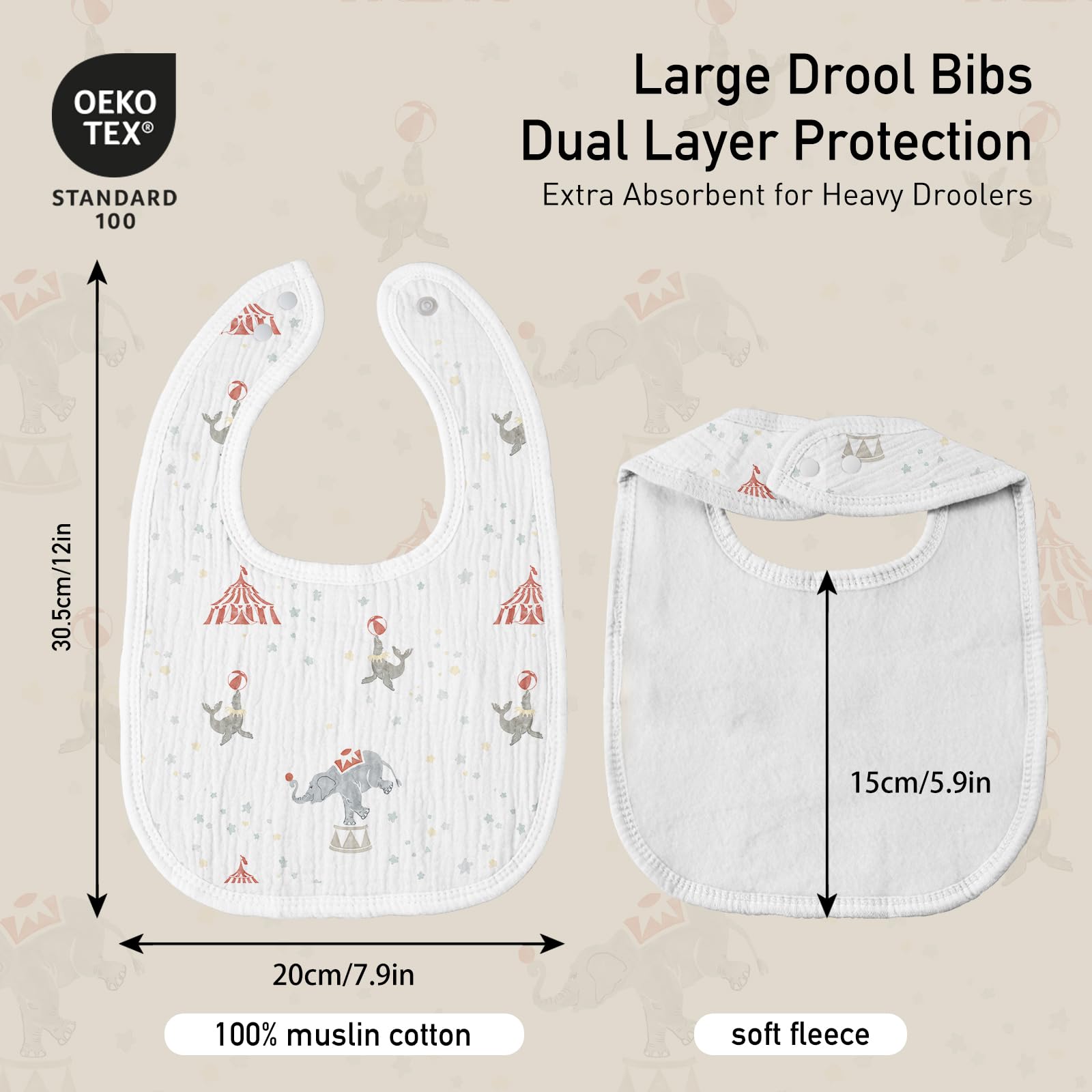 GLLQUEN BABY muslin bib fabric close-up highlights washable, durable material.