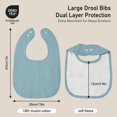 GLLQUEN BABY muslin bib worn on baby shows versatile burp cloth capability.