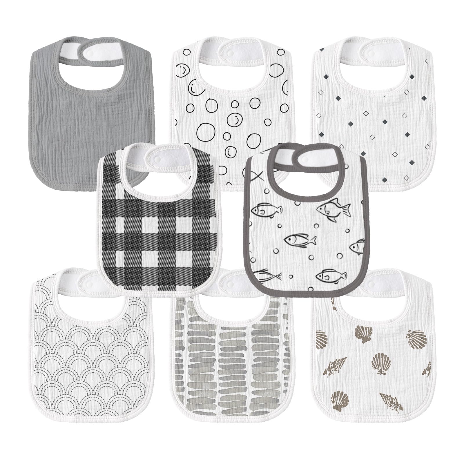 GLLQUEN BABY muslin drool bib front view showing absorbent fabric and fish print for drool protection.