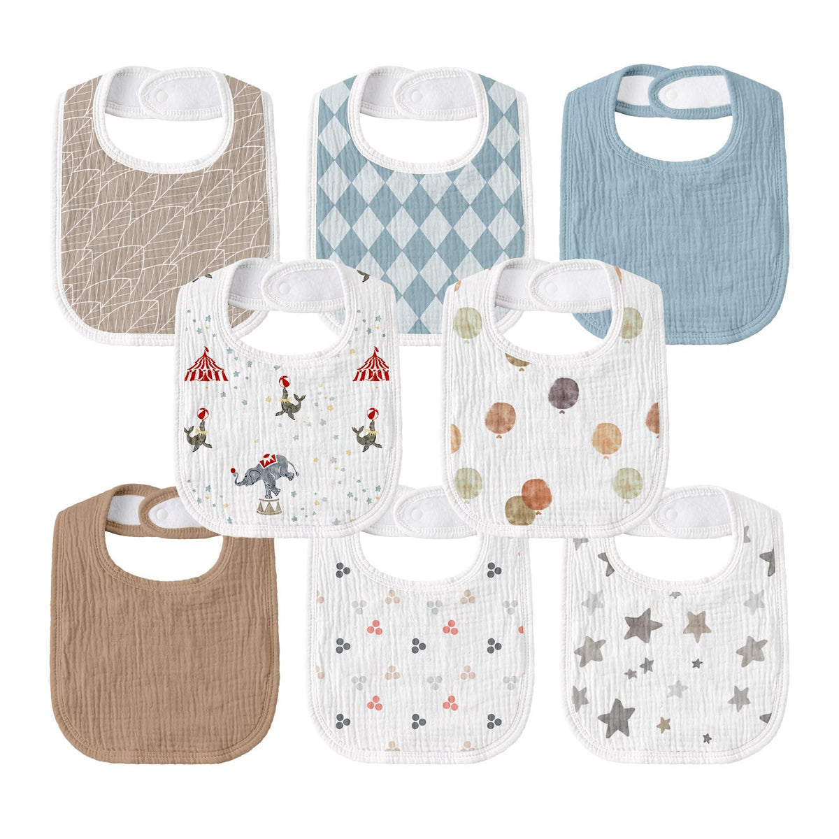 GLLQUEN BABY muslin drool bib pack front view with adjustable snaps for growing babies.