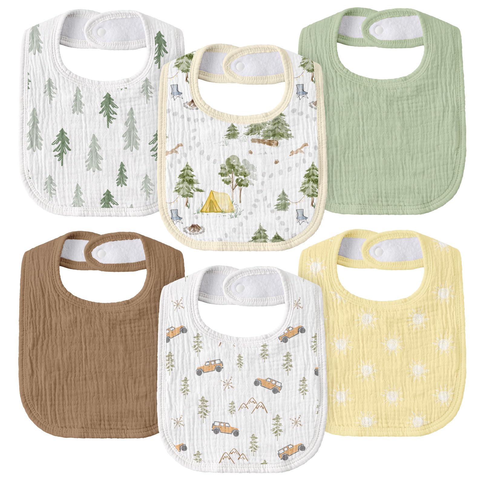 GLLQUEN BABY muslin drool bib pack with cross-country adventure print for drool protection.
