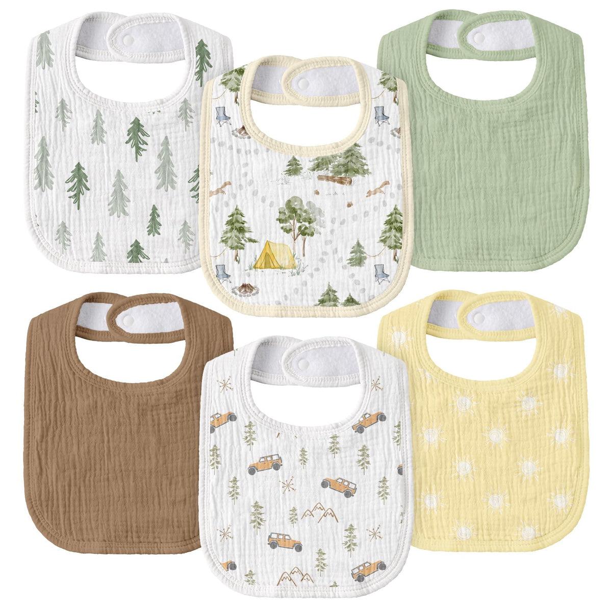 GLLQUEN BABY muslin drool bib pack with cross-country adventure print for drool protection.