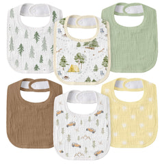 GLLQUEN BABY muslin drool bib pack with cross-country adventure print for drool protection.