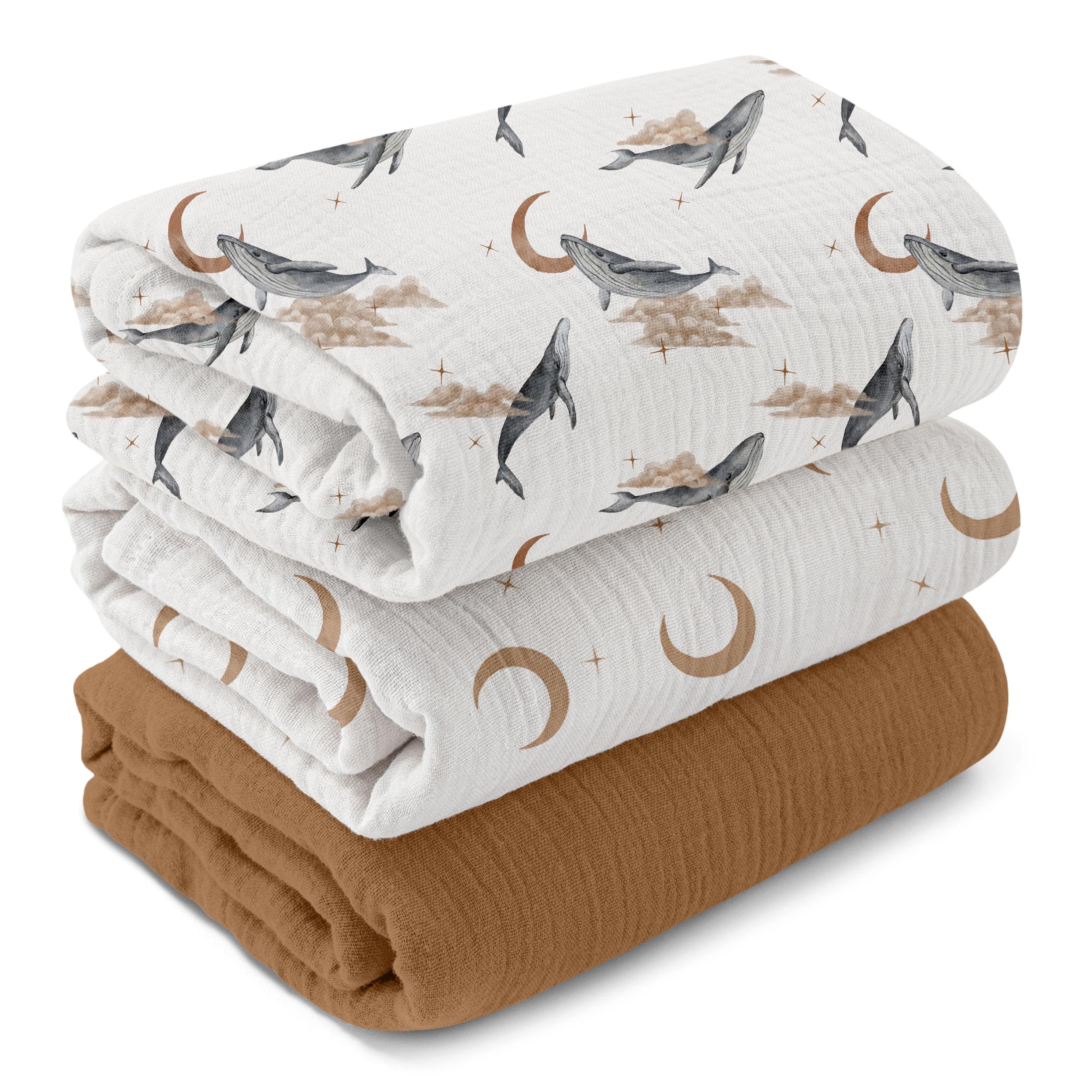 GLLQUEN BABY muslin swaddle blanket 3-pack flatlay shows soft breathable cotton for newborns.
