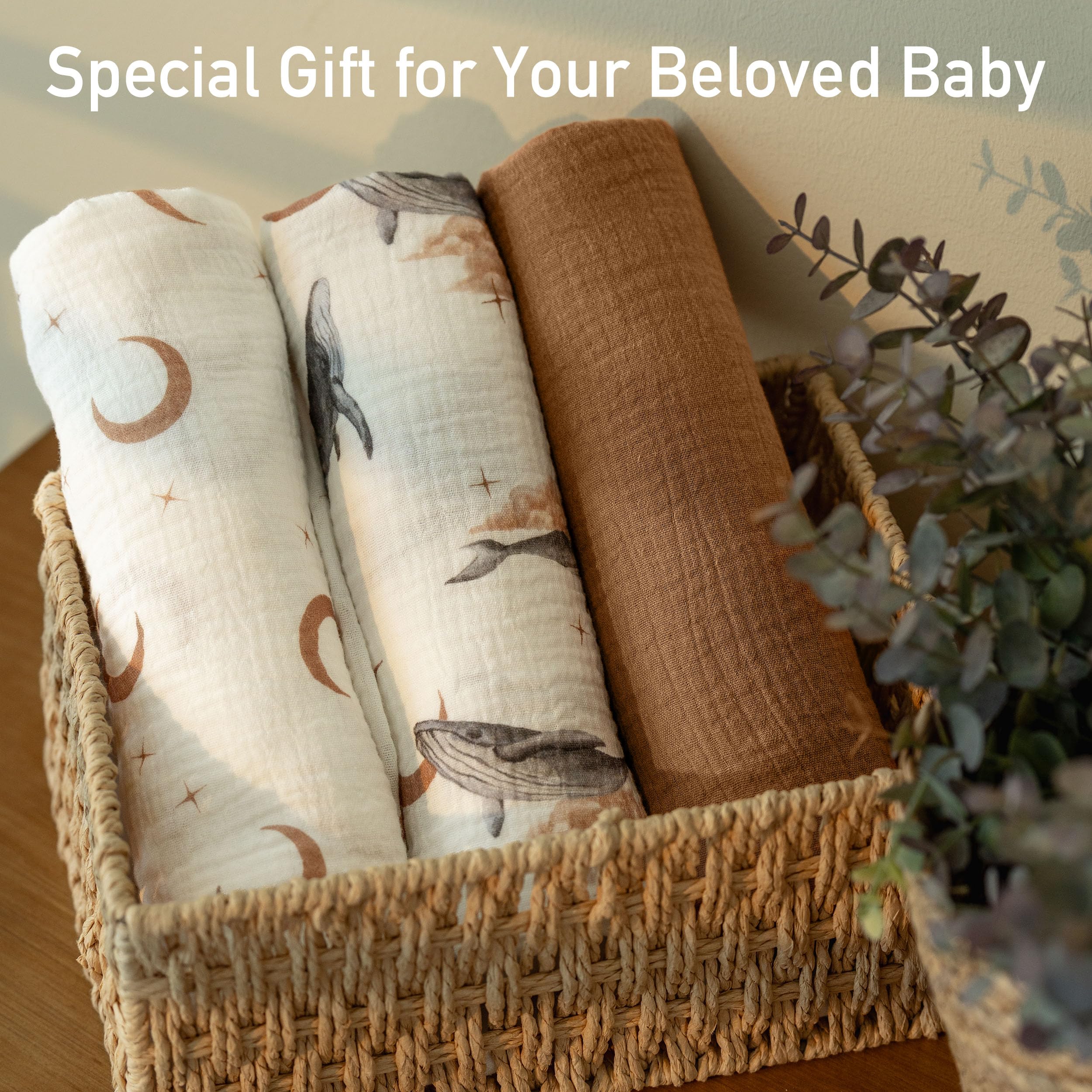 GLLQUEN BABY muslin blanket care guidance shown: machine wash cold, tumble dry low.