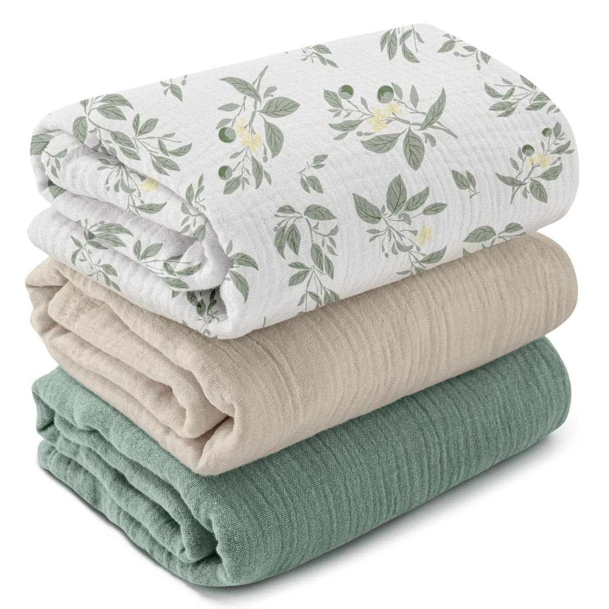 GLLQUEN BABY muslin swaddle blanket pack shows soft-touch fabric for newborn comfort.