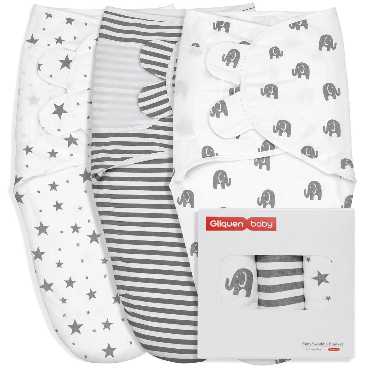 GLLQUEN BABY swaddle blankets 3-pack in gray elephant pattern for versatile bedtime setups.