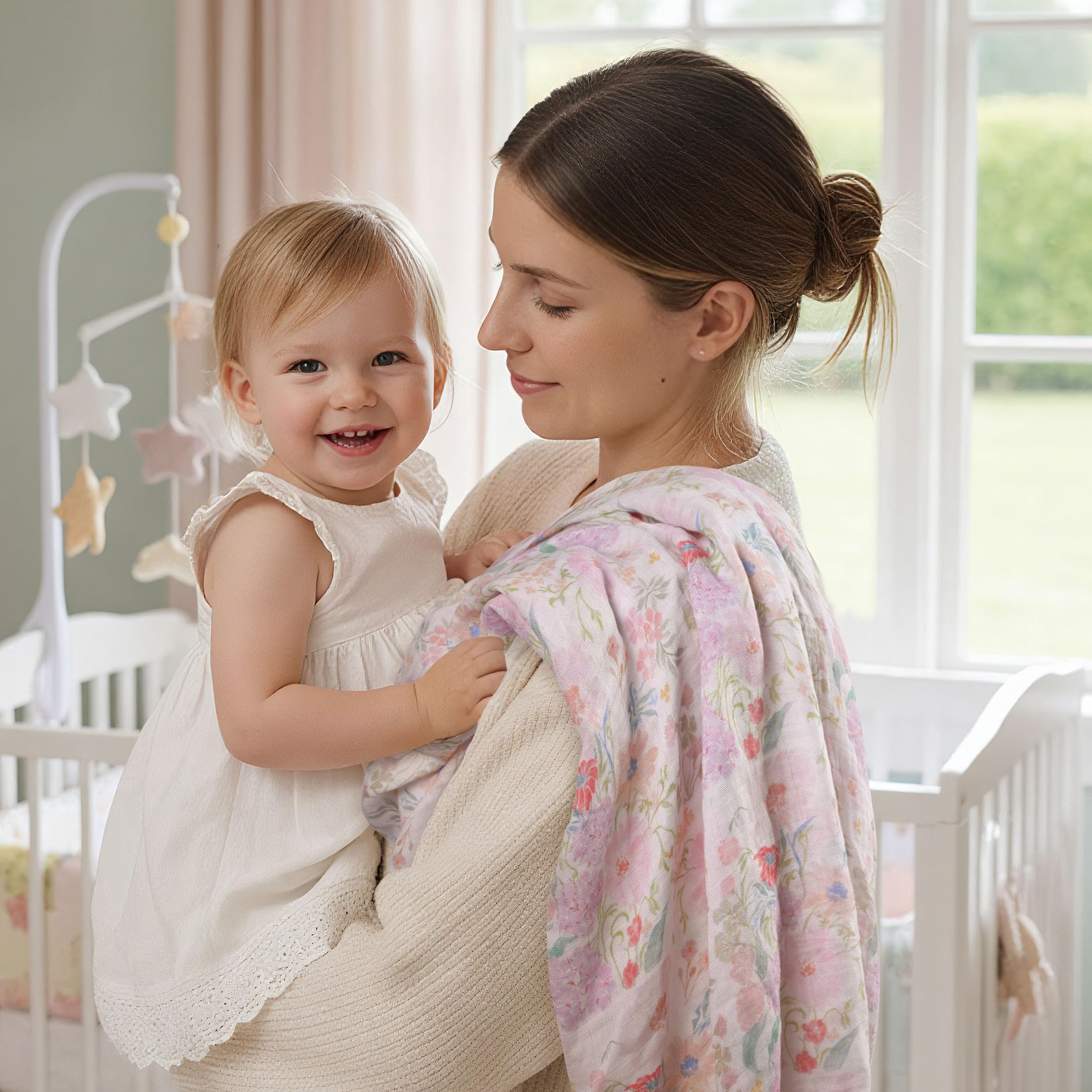GLLQUEN BABY swaddle blanket as stroller sunshade.