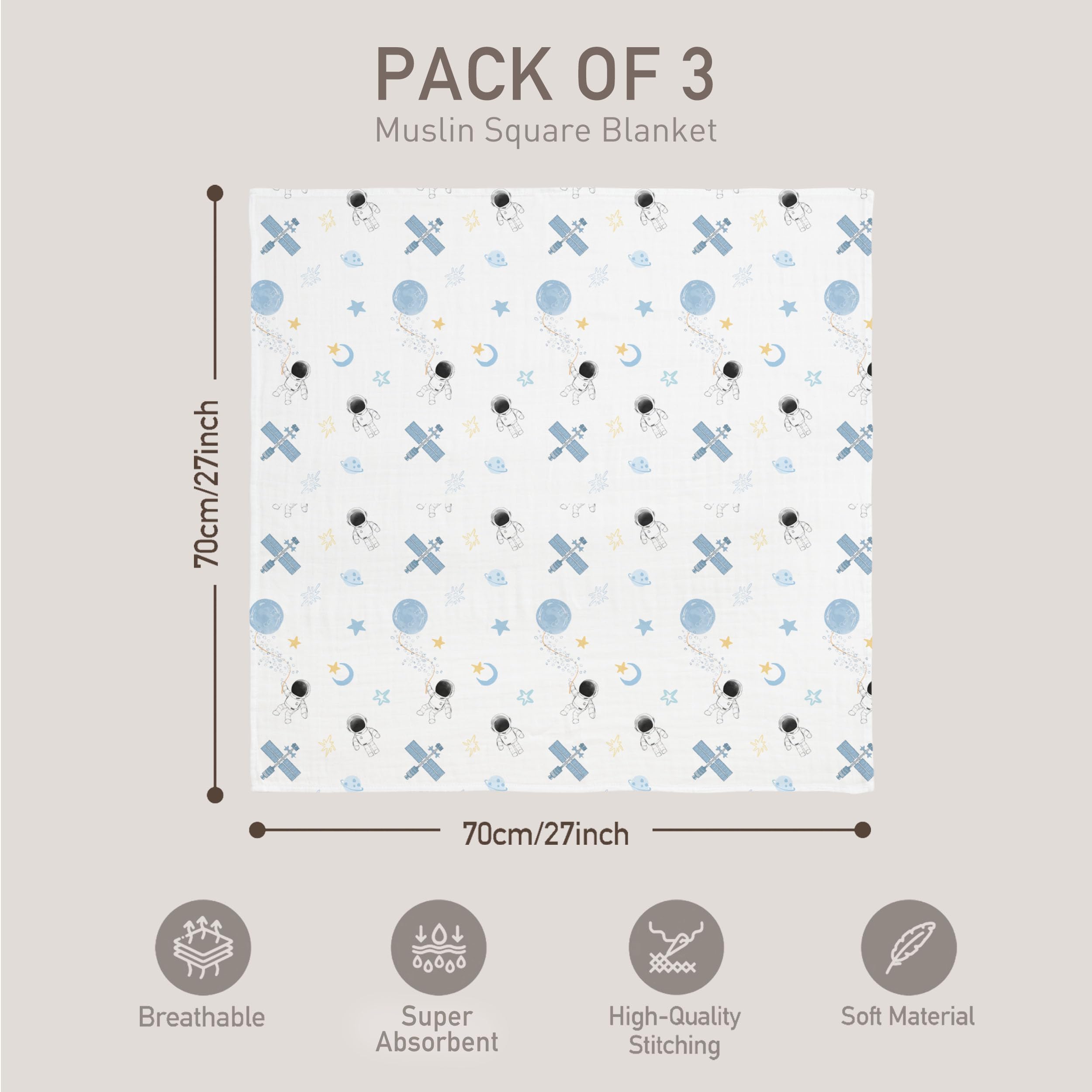 GLLQUEN BABY swaddle blue astronaut being wrapped, soft fabric for snug newborn comfort.
