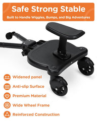 Glofex stroller board seat detail highlights padded roomy seating for comfort.