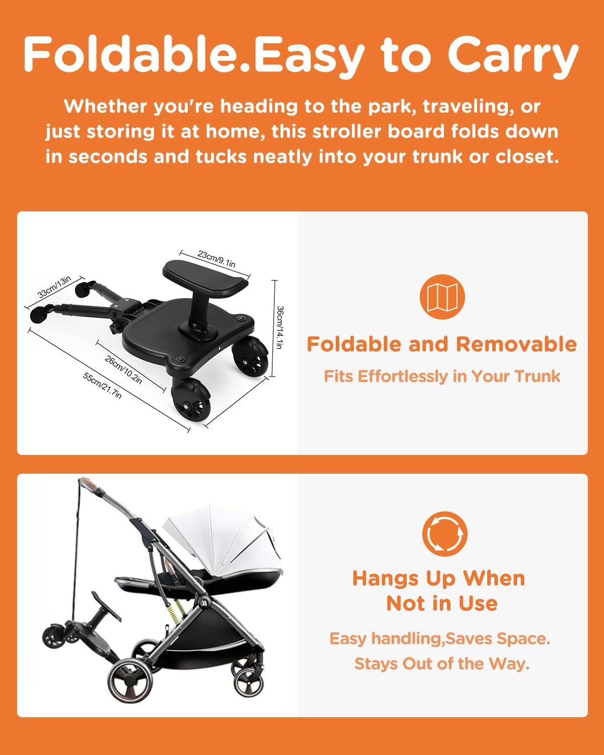 Glofex universal stroller board all-terrain wheels offer steady rides on varied surfaces.