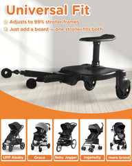 Glofex universal stroller board side attachment demonstrates quick connect for easy setup.