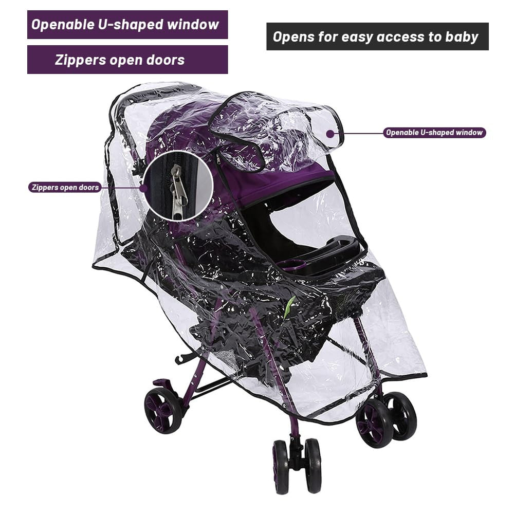 Glomora rain cover features a zipper window for quick access to your child.