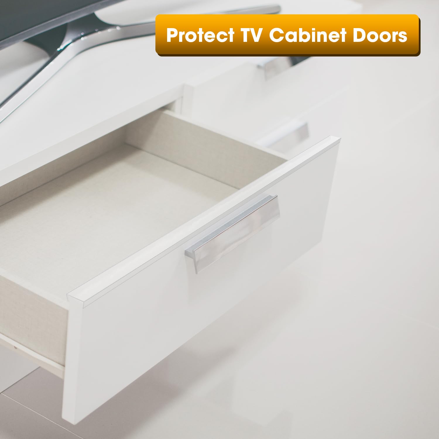Glosaie clear cabinet protector stays hidden when the door is closed.