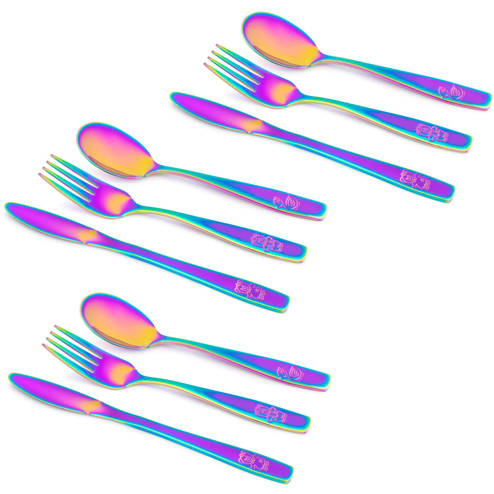 GlossyEnd rainbow kids cutlery set on table encourages independent eating