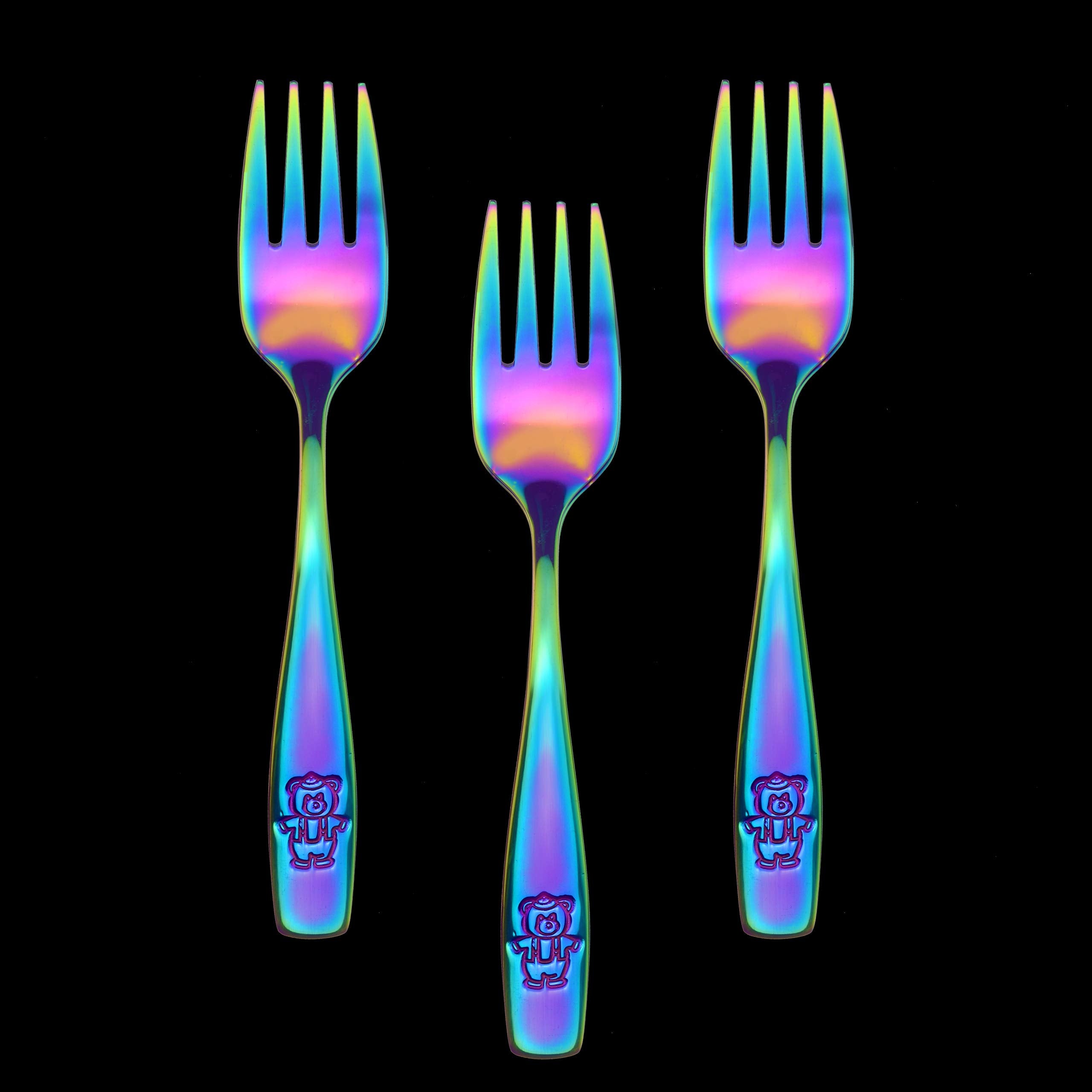 GlossyEnd Rainbow Kids Forks at table in use, easy for small hands