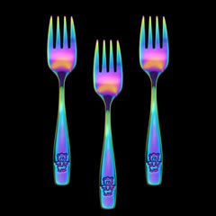 GlossyEnd Rainbow Kids Forks at table in use, easy for small hands
