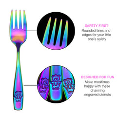 GlossyEnd Rainbow Kids Forks close-up shows rounded tines for safer eating