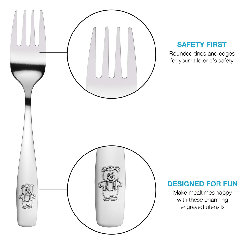 GlossyEnd rounded-tines; reduces pinch risk during meals.