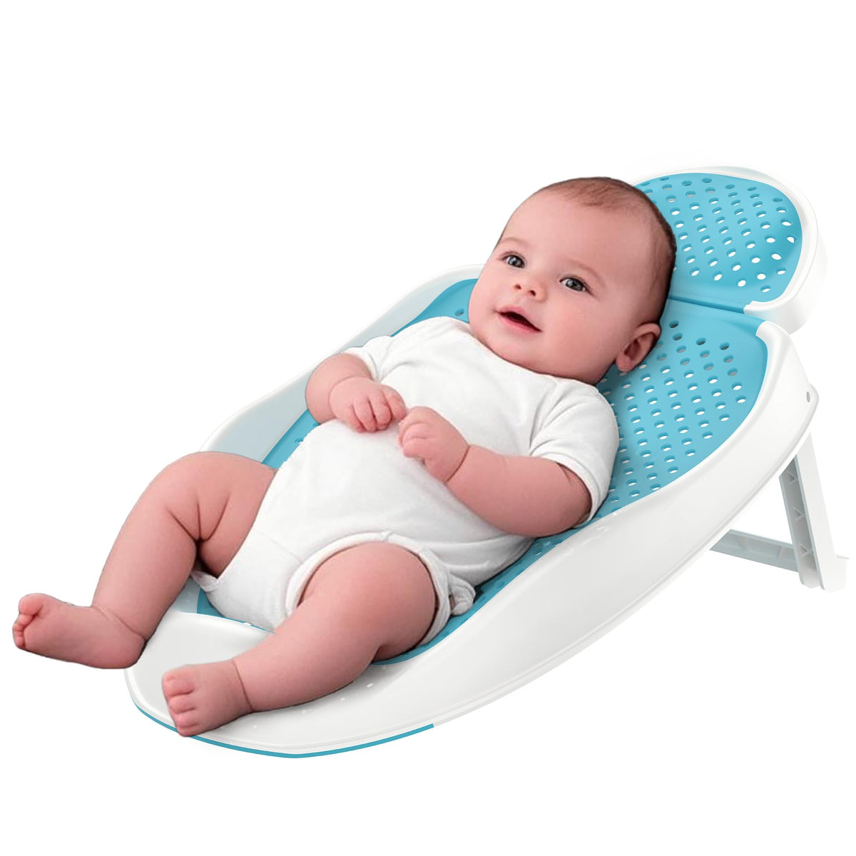 GloTika baby bathtub support blue folded for space-saving setup.