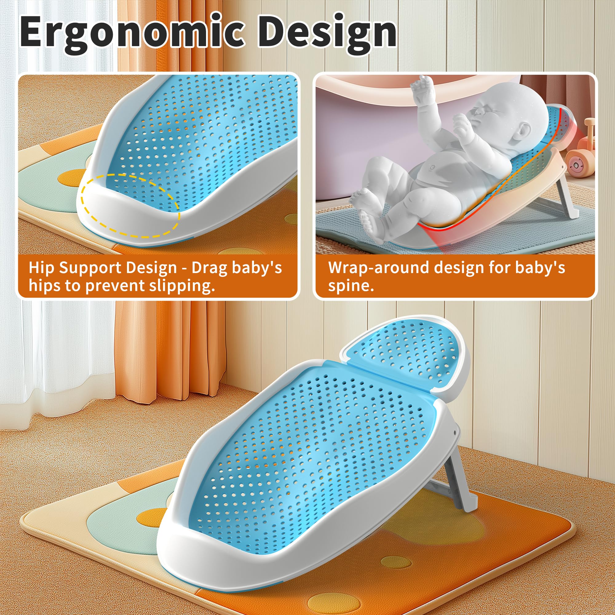 GloTika bath tub stand with ergonomic curve cradling baby.