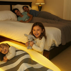 GlowBed halo light in action showing secure guard rails for toddlers