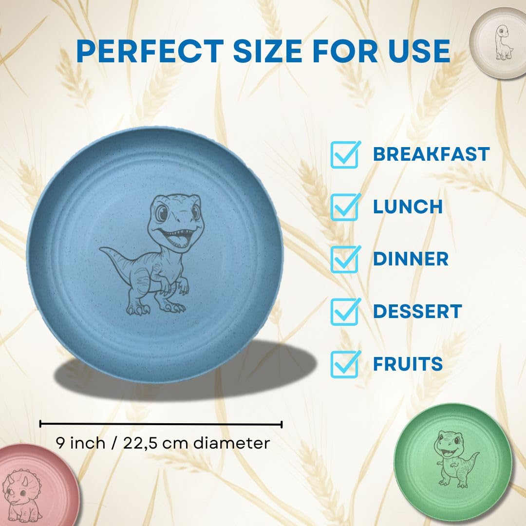 G'nes plate set in colorful dinosaurs, engaging design to encourage kids to eat.