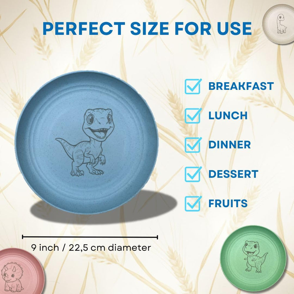G'nes plate set in colorful dinosaurs, engaging design to encourage kids to eat.