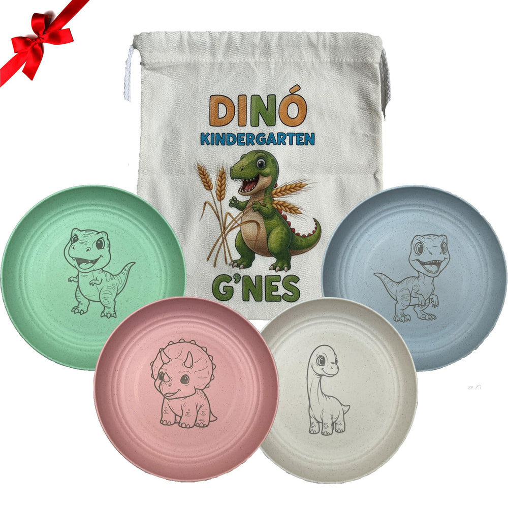 G'nes wheat straw plate set with dino pattern, durable kids dinnerware for daily meals.