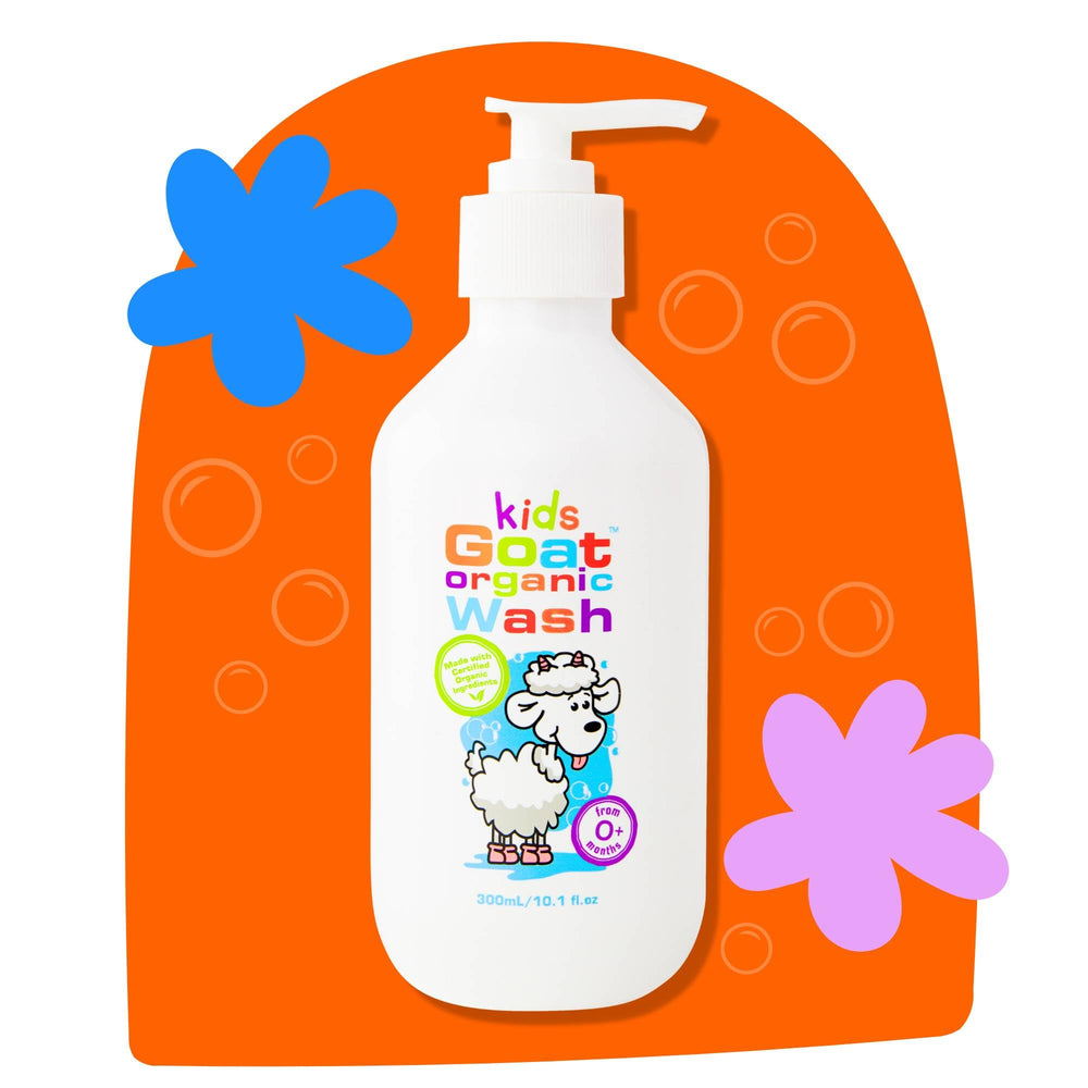 Goat Milk Kids Organic Body Wash bath-time scene shows soothing cleansing for babies