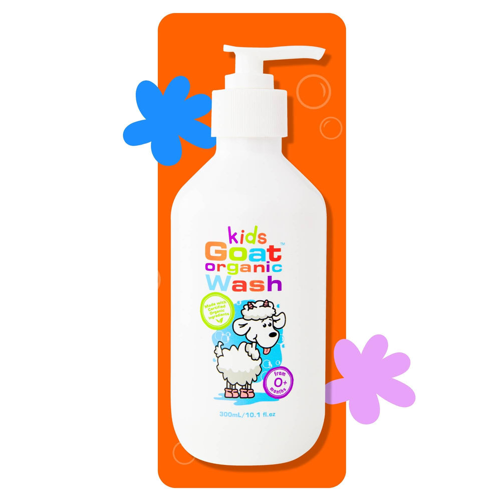 Goat Milk Kids Organic Body Wash bottle highlights fatty acids and cholesterol-friendly skin support