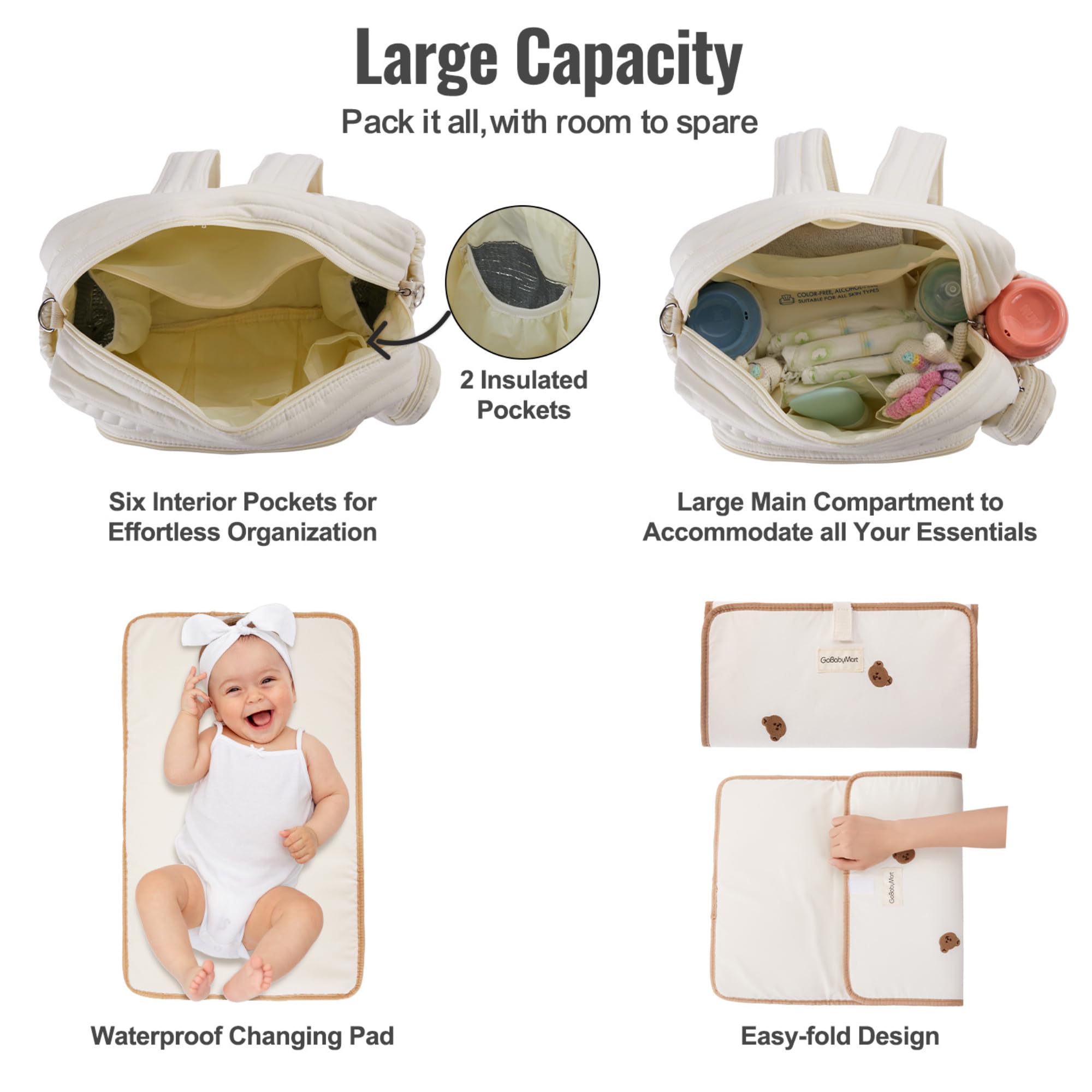 GOBABYMART diaper bag backpack side pockets for wipes and small items.