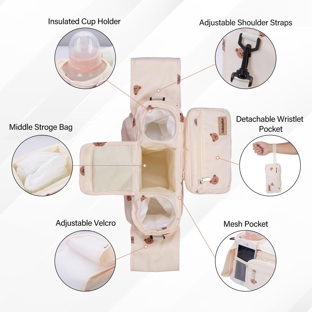 GoBabyMart stroller organizer cup-holder closeup shows accessible beverages on the go.