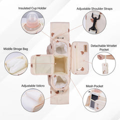 GoBabyMart stroller organizer cup-holder closeup shows accessible beverages on the go.